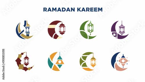 Ramadan Kareem Crescent Moon and Lantern Icons Collection
