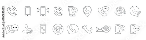 Phone icon set, contact symbols, telephone call signs, mobile chat bubbles, messaging and ringing cell phone pictograms, outline vector illustration for UI design on transparent background