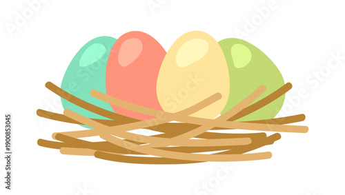 Happy Easter eggs in nest. Cute greeting card for traditional celebration.