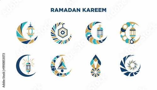 Ramadan Kareem Icons: Crescent Moon, Lanterns, Geometric Patterns