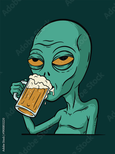 Funny Drunk Alien Chugging Foamy Beer Mug - Extraterrestrial Drinking Illustration
