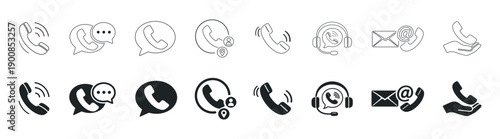 Phone call and chat icons set, mobile communication contact support symbols, black flat vector illustration on transparent background