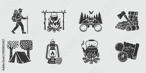 Vintage Woodcut Camping and Hiking Icons Set - Outdoor Adventure Graphic Illustrations Collection