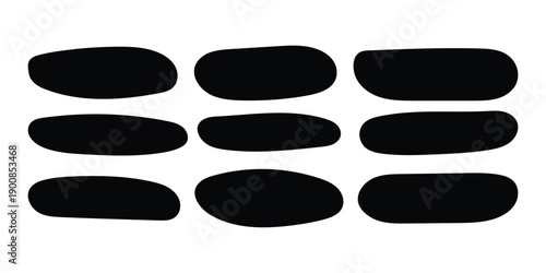 Set of nine black irregular, organic, and rounded blob shapes, suitable for abstract design elements. Vector elements.