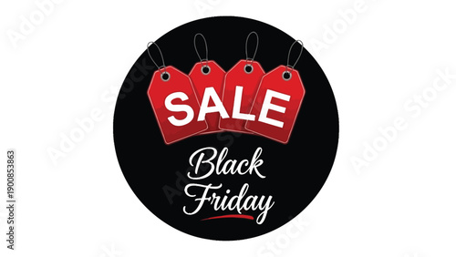 Black Friday sale announcement graphic featuring bright red price tags and text