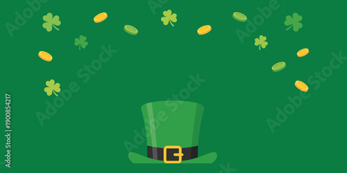 Celebration of St. Patrick's Day with a green top hat and gold coins scattered around on a vibrant green background viewed from directly above