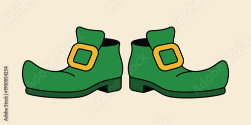 Illustration of green leather boots with gold buckles, viewed from the front, showcasing festive footwear design for celebrations.