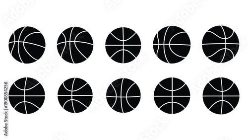 Collection of ten different stylized black and white basketball icon variations