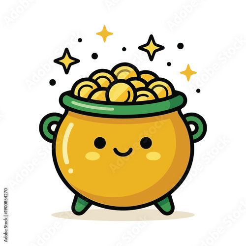A cheerful golden pot filled with coins and surrounded by sparkling stars