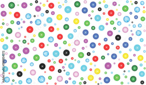 Numerous colorful abstract flower shapes scattered across a bright white background creating a lively pattern
