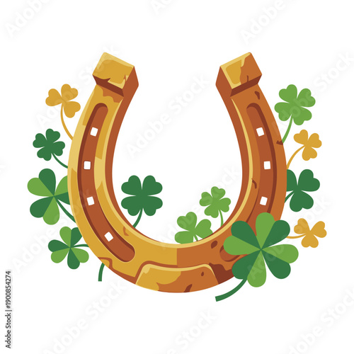 A golden horseshoe surrounded by shamrocks and flowers in a symbolic illustration of good luck