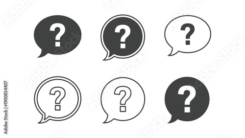 Set of six question mark icons displayed inside various speech bubble designs