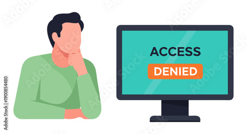 Thoughtful person illustration in vector art looking at a computer screen displaying access denied message
