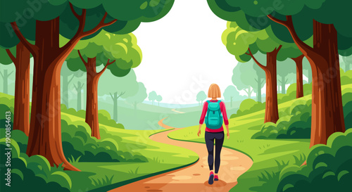 A woman with a backpack walking on a path through a vibrant green forest, vector illustration