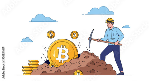 Bitcoin Mining Illustration A Vector Graphic Depicting Cryptocurrency Extraction with Gold Coins and a Miner