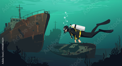 Oceanic Exploration A Vector Illustration of a Diver Exploring Shipwrecks on the Seabed