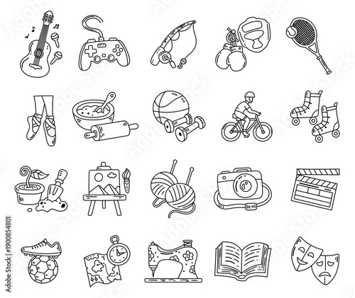 Hobby activities set in outline line art featuring music sports crafts gaming cooking travel photography reading theater tools fitness gardening sewing