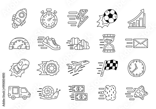 Speed motion set in outline line art including rocket stopwatch lightning chart speedometer sneaker cloud hourglass letter glove wheel airplane clock