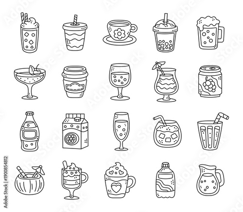 Fresh drink set in outline line art featuring beverages cup glass bottle mug cocktail juice coffee tea smoothies refreshments cafe serving