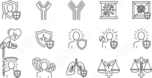 Health protection and immunity outline icon set with antibodies lungs balance scales virus defense medical vector illustrations isolated