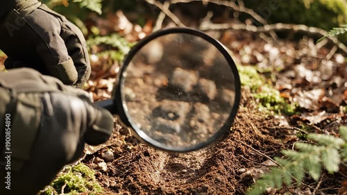 Wallpaper Mural A gloved hand holds a magnifying glass over the soil. The soil shows small details while leaves and moss surround the area, suggesting a natural setting. Torontodigital.ca