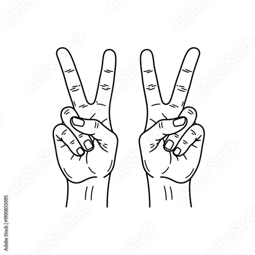Two hands making peace sign, victory gesture, line art illustration