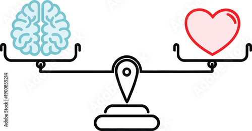 A balance scale weighing a human brain against a heart, symbolizing the equilibrium between logic and emotion.