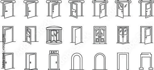 Door outline icon set with open closed sliding double and archway entrance symbols architectural vector illustrations isolated