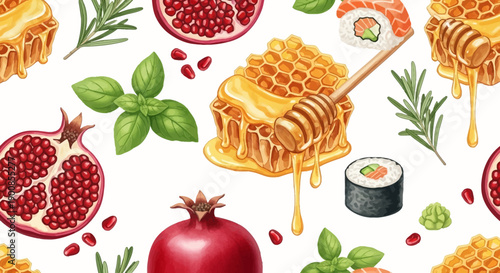 Delicious food ingredients with honey, sushi, pomegranate and herbs