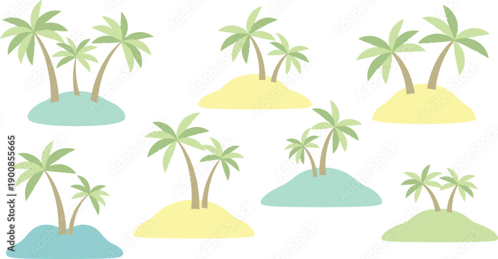 Obraz premium Soft pastel tropical island illustration set with palm trees, minimal flat vector style for summer backgrounds, kids designs, and travel graphics