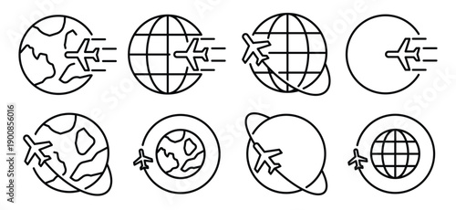 airplane fly around the planet earth set vector line icons