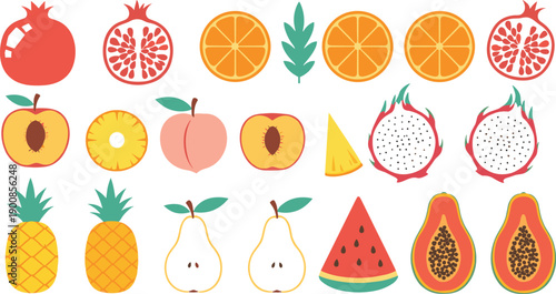 Tropical fruit icon set with pomegranate orange pineapple pear watermelon papaya dragonfruit and peach vector illustrations isolated