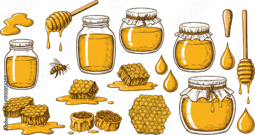 Honey jar and honeycomb illustration set with dripping dipper bees drops and sweet natural food vector isolated