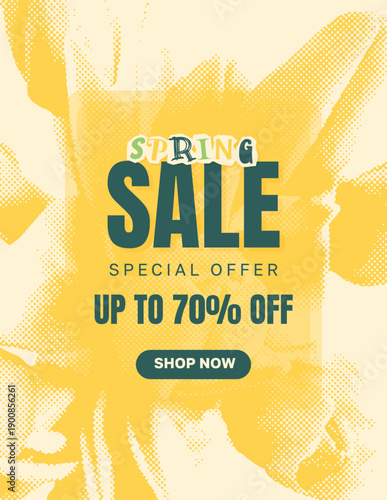Spring sale flyer template. Seasonal promotion design in retro collage style with floral halftone texture. Vertical vector illustration for advertising and marketing
