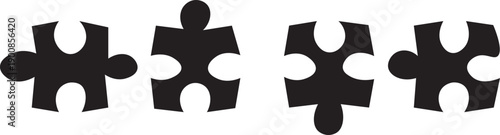 collection of eight black jigsaw puzzle pieces. arranged in a row on a white background