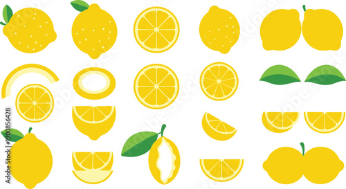 Lemon fruit set with whole sliced halves wedges rings and leaves bright citrus vector illustrations isolated