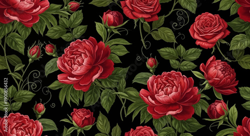 Vibrant red peonies with lush green leaves on black background