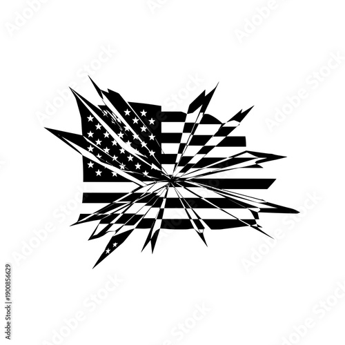 Abstract Shattered USA Flag Impact - Black and White Graphic
