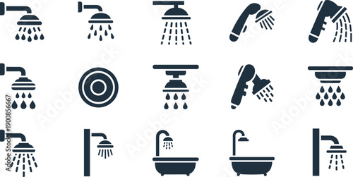 Shower and bathroom icon set with showerheads faucets bathtubs water spray plumbing symbols vector illustrations isolated