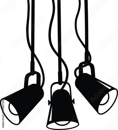 Three spotlights hanging from the ceiling with black cords and white light beams Vector