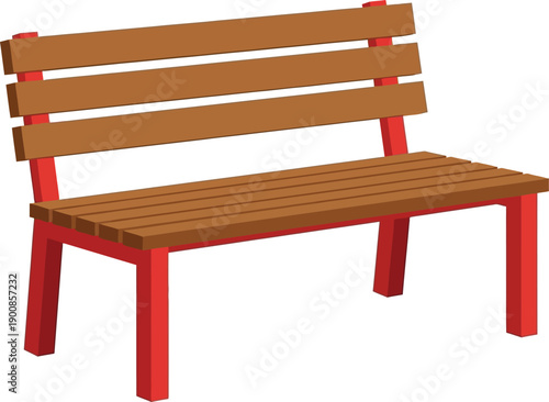 A wooden bench with red metal legs in a park setting. Vector