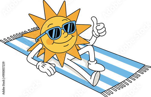 Sunny character wearing sunglasses and giving thumbs up while relaxing on a beach towel Vector
