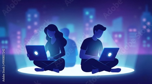 Vector Illustration Man Woman Working Laptops, Glowing Neon Night Cityscape, Flat Design Technology, Digital Communication, Remote Job, Stylized Urban Background, Purple Blue Gradient, Art, Cyber