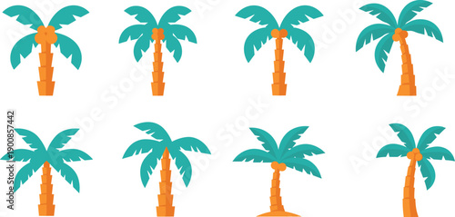 Colorful flat palm tree icon set with coconuts, modern tropical vector illustrations for summer designs, travel branding, logos, and beach themes