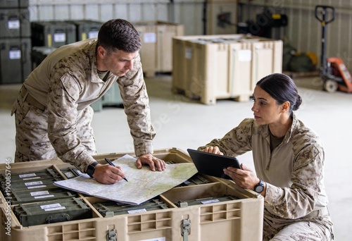 Military personnel planning logistics strategy with map and tablet