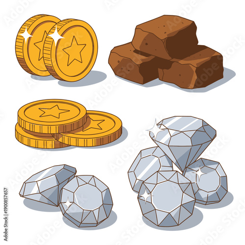 A close-up view of stacked gold coins, brown bricks, and scattered diamonds arranged on a flat surface