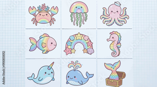 Underwater Cartoon Sea Creatures Vector Set – Octopus, Jellyfish, Whale, Fish, Crab, Stingray, Narwhal, Starfish, Rainbow, Decorative Clipart Icons for Kids, Educational, and Creative Design Projects