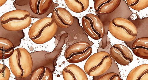 Vibrant coffee beans on white background with brown stains