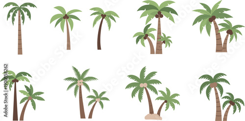 Palm tree illustration set, tropical coconut palm collection, flat vector greenery icons, summer beach island nature design elements