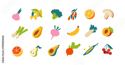 Different fruit, berries, and vegetables doodle set. Various agricultural crops: banana, beet, broccoli, peach, and garlic. Organic farm food. Flat isolated vector illustrations on white background